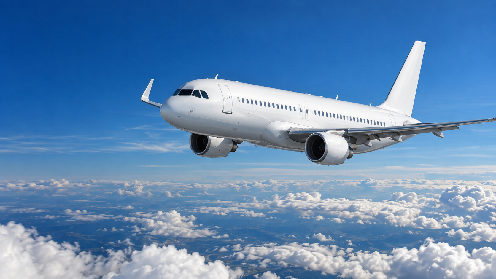 Photorealistic rendering of an unbranded white commercial passenger jet flying above clouds