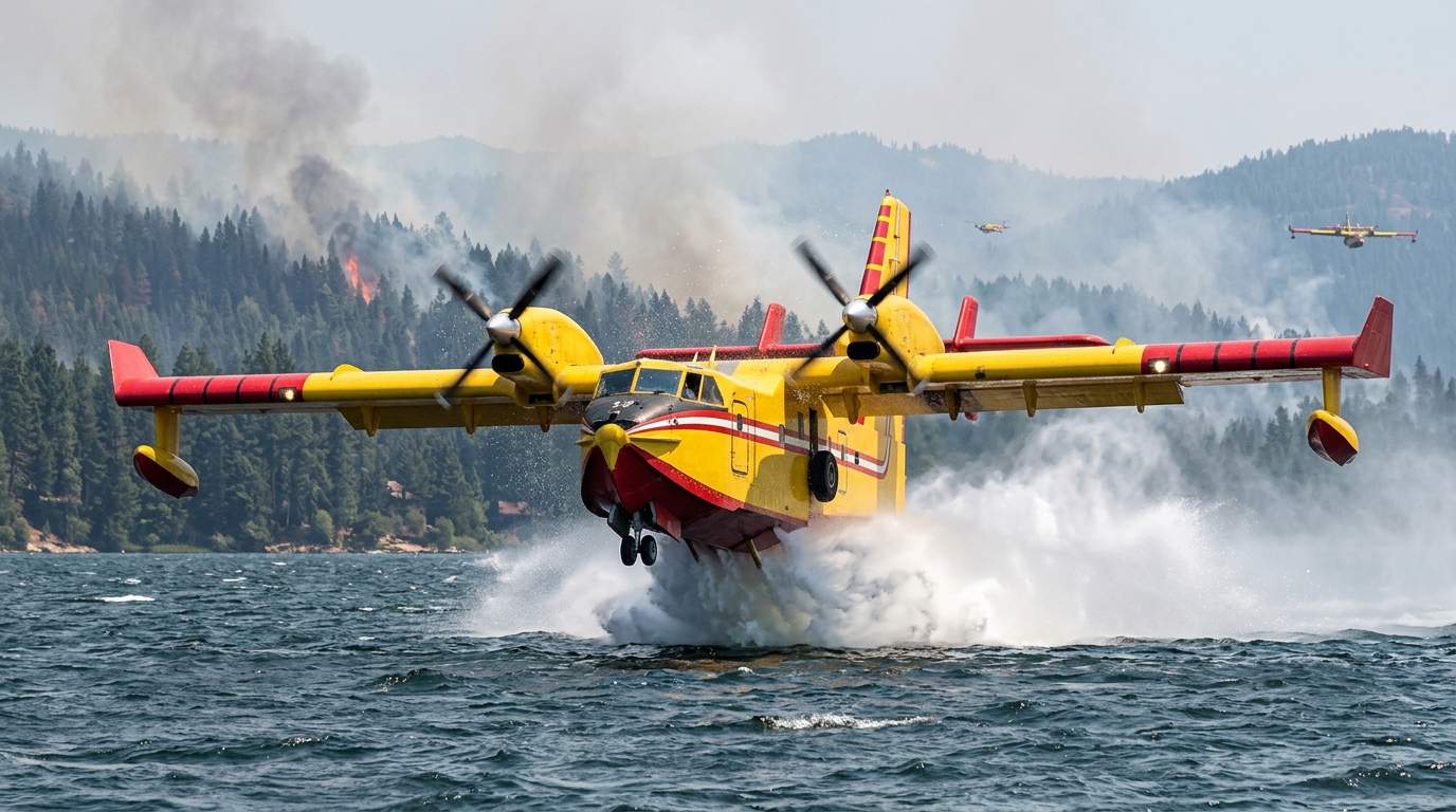 Real Canadair CL-415 F-ZBMF scooping water at Lac de Villeneuve-de-la-Raho, photographed by Yebaco