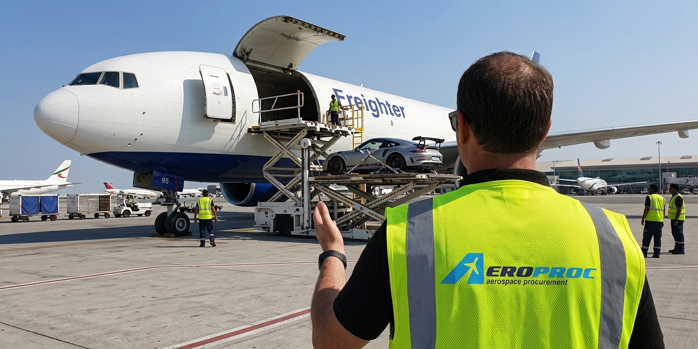 AeroProc team member overseeing a vehicle being loaded into a cargo aircraft