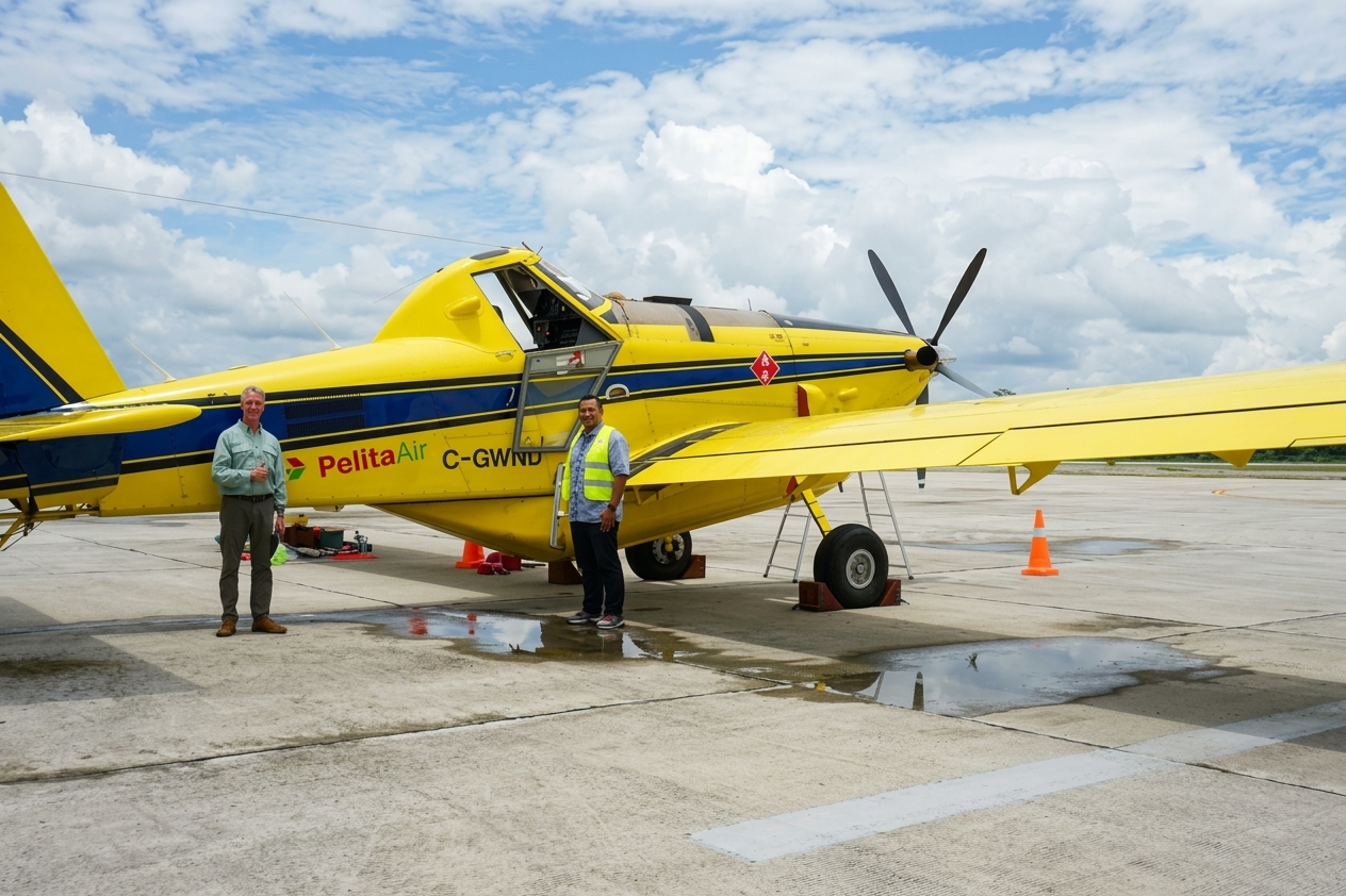 Two men beside a yellow Pelita Air FuelBoss aircraft on an airport apron