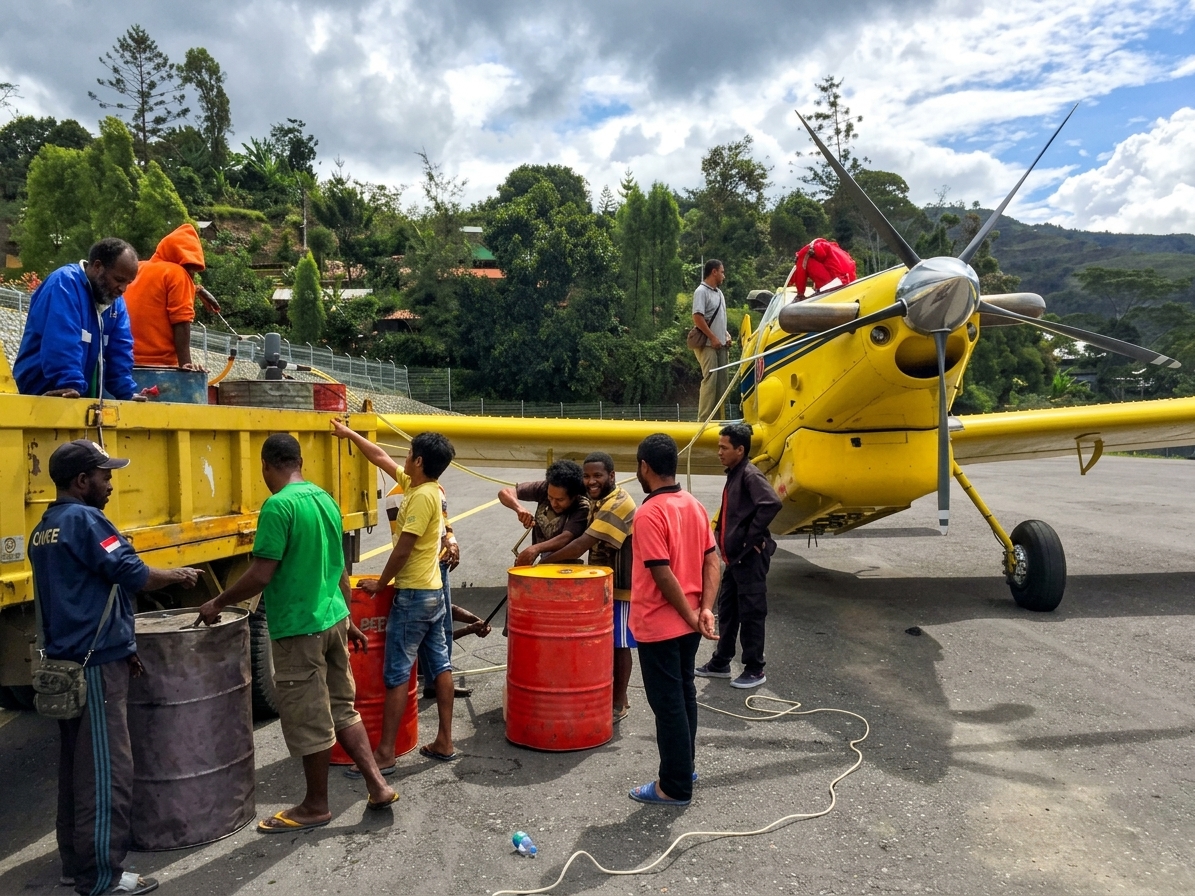 Ground team unloading fuel into drums beside the FuelBoss aircraft