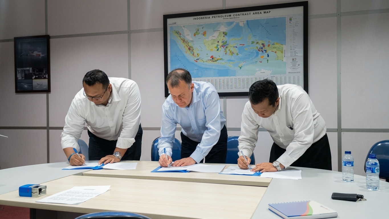 Three representatives signing documents during the Pelita Air MOU meeting