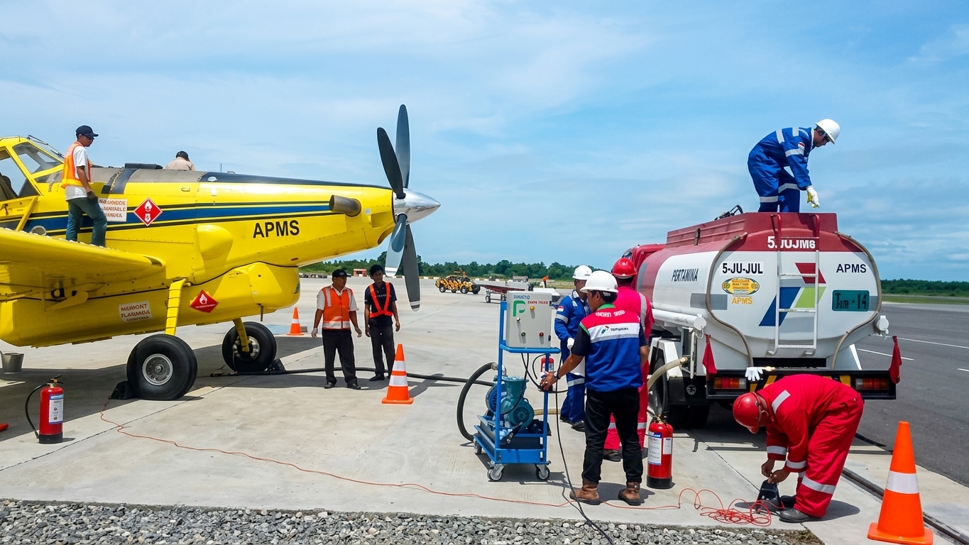 Ground crew loading the FuelBoss aircraft with Pertamina equipment