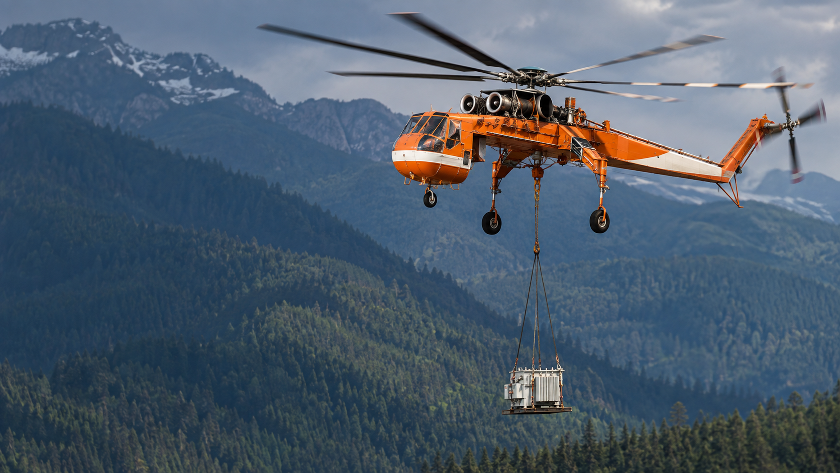 Photorealistic rendering of an unbranded heavy-lift helicopter carrying a suspended load above a forest