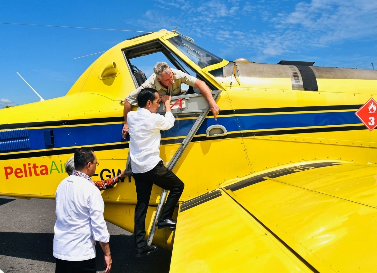 Then-President Joko Widodo climbing the access steps of the yellow FuelBoss AT-802 with Pelita Air markings