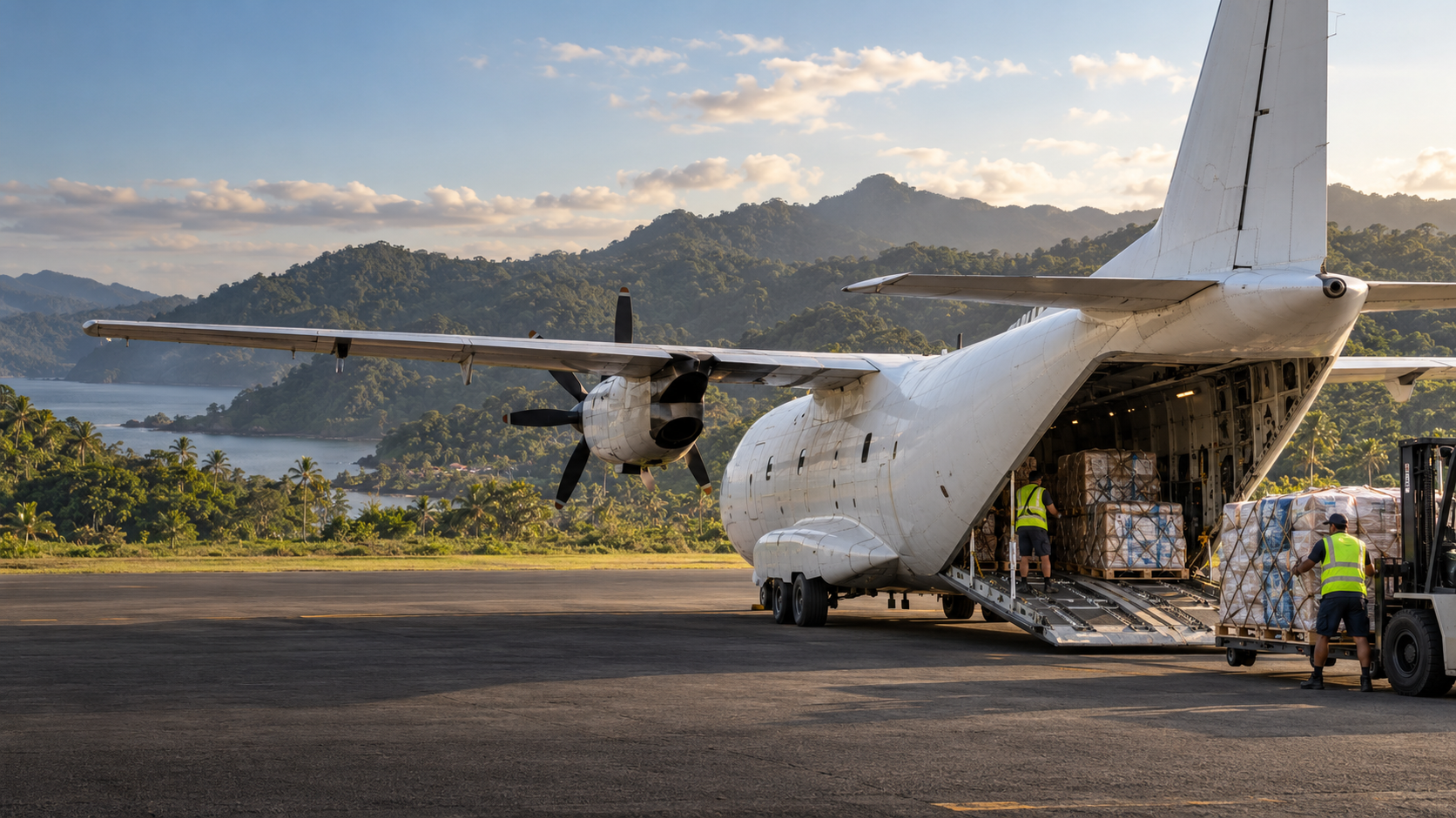 Photorealistic rendering of cargo pallets being loaded into a transport aircraft at a remote airfield