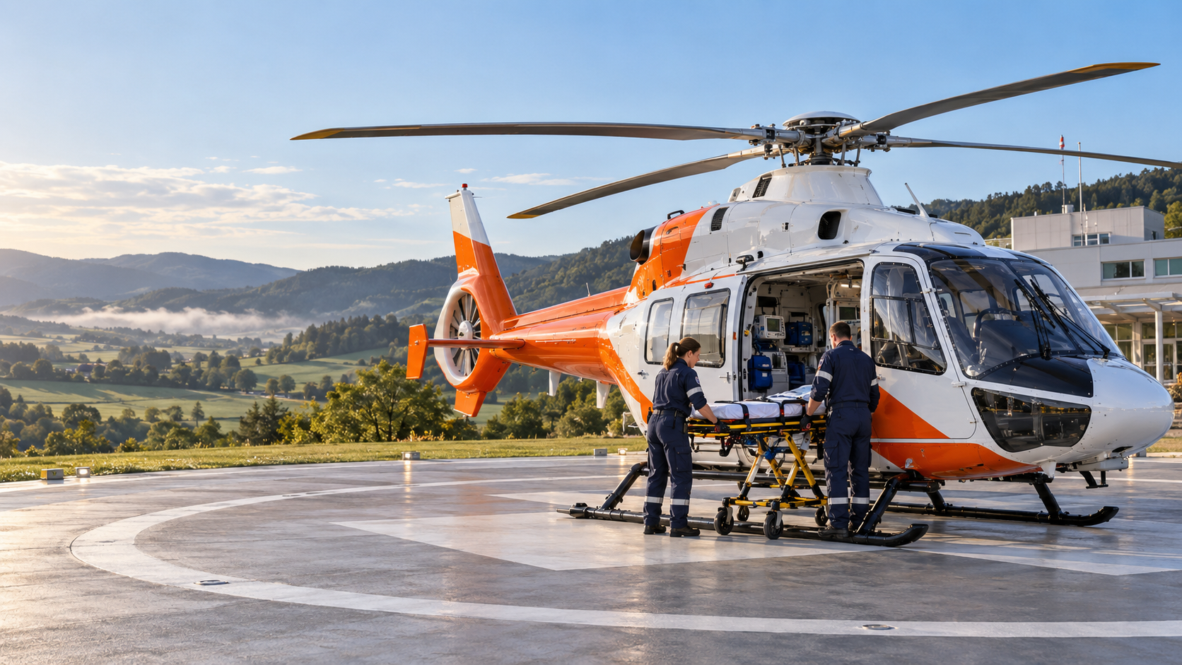 Photorealistic rendering of paramedics preparing a stretcher beside a medical evacuation helicopter