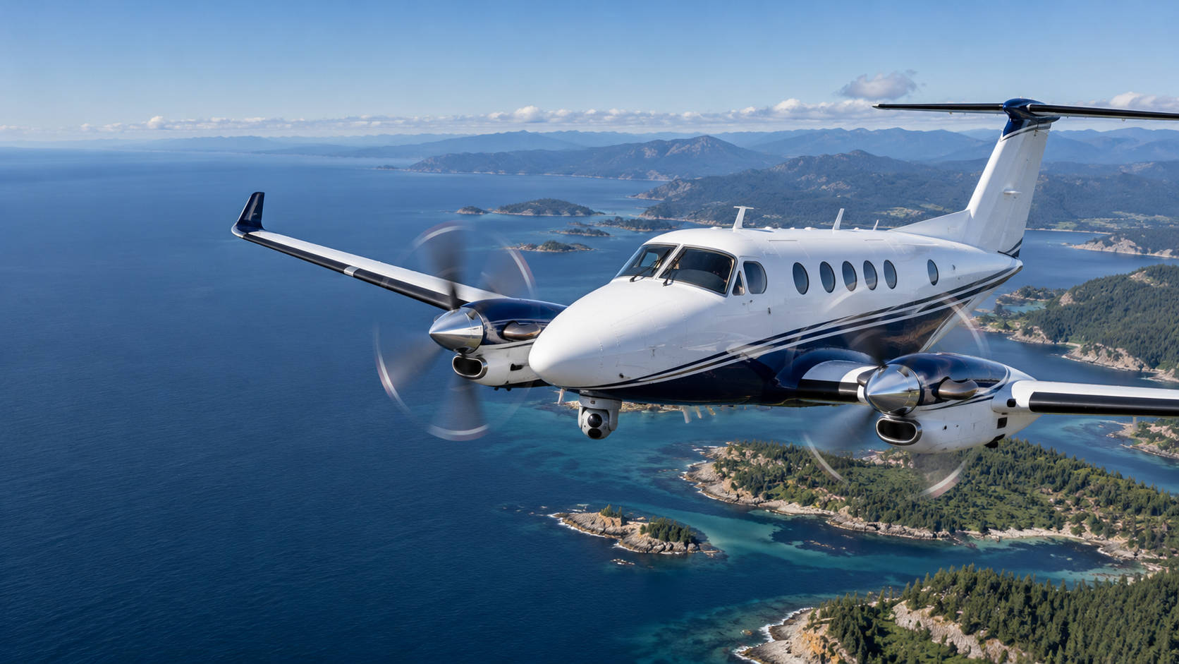 Photorealistic rendering of a surveillance turboprop with a sensor turret flying above a coastline