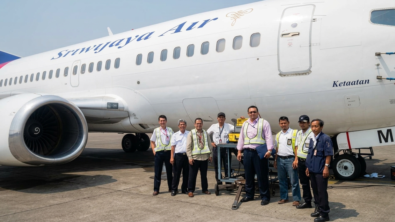 Training group beside a Sriwijaya Air aircraft